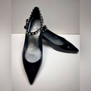 STUART WEITZMAN Patent Black Leather Mary Jane Kitten Heels, Silver Studs, Sz 9